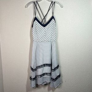 Clarte Blue White Stripes CrissCross Sleeveless Strap V Neck Fringe Mini Dress M